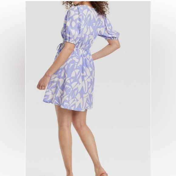NWT Women's Balloon Short Sleeve Mini Wrap Dress - A New Day Blue Print - Picture 3 of 5